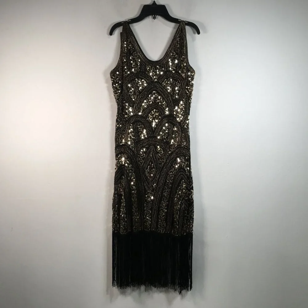 Women's VIJIV 1920s Vintage Inspired Sequin/Fringe Flapper Dress, Size S - Black - Picture 11 of 11